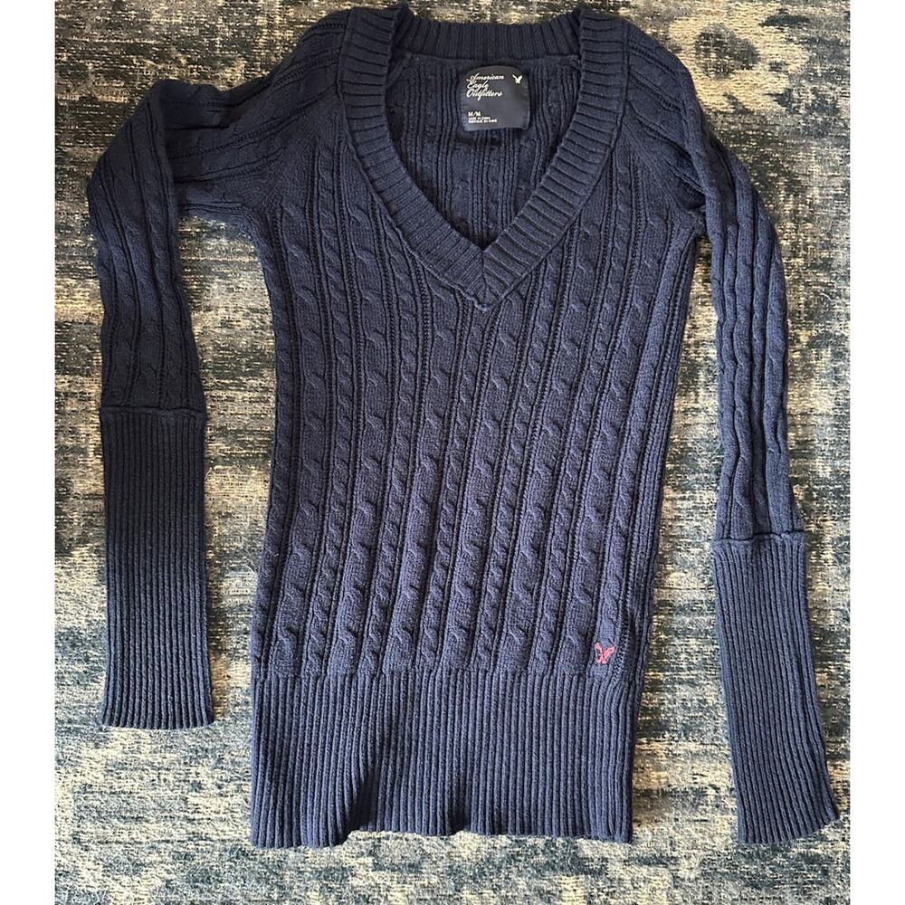 American Eagle Outfitters Women's Medium Cable Knit V-Neck Sweater Y2K Vintage - Picture 2 of 8